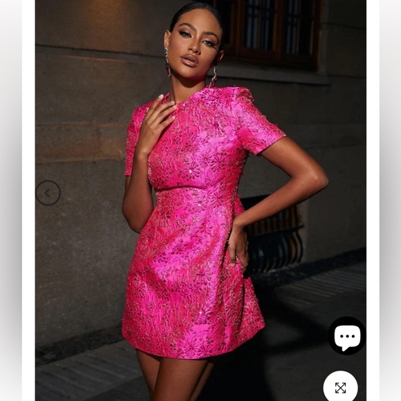 Intricate Sequin Lurex Jacquard Floral Crew Neck Short Sleeve Party Mini Dress - Picture 2 of 11